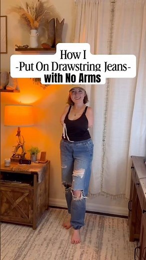 How I Put On Drawstring Jeans with No Arms👖👣 #jeans #grwm #lifehacks