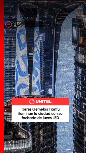 Las Torres Gemelas Tianfu, en Chengdu, China, destacan por sus fachadas LED que superan los 52.000 metros cuadrados. Cada noche se iluminan con impactantes shows de luces que convierten el skyline de la ciudad en un espectáculo visual. #Unitel #China #Mundo #Torres #Luces | UNITEL