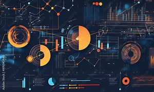 Abstract data visualization with graphs, charts, and geometric shapes in vibrant colors.