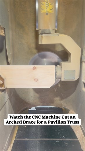 Today, one of our CNC machines is cutting the braces for trusses of a 24' x 36' Teton Timber Frame Pavilion. Watch the highlights from start to finish as the timber is shaped into an arched brace. #tby12674 | The Barn Yard