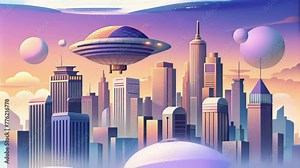 A utopian cityscape pulses with the energy of retrofuturistic innovation as sleek buildings and vintage structures blend together seamlessly.