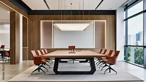 Modern conference room with a large table and stylish chairs, designed for meetings.