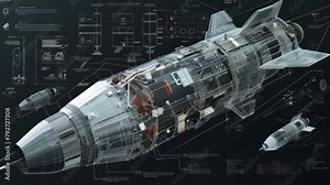 Detailed technical blueprint of an advanced spacecraft, featuring complex mechanisms and futuristic design. Evokes a sense of scientific innovation, space exploration, and technological progress.