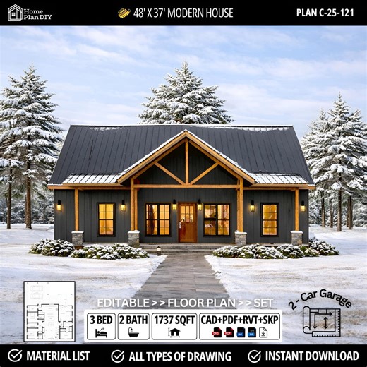 Modern Farmhouse Cottage House Plan 48X37, 2-car Garage, 3bed 2bath, Ranch House ( PDF & CAD) - Etsy