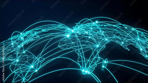 Neon network map of globe showing glowing digital connections, nodes and data pathways across continents conveying global communication and connection