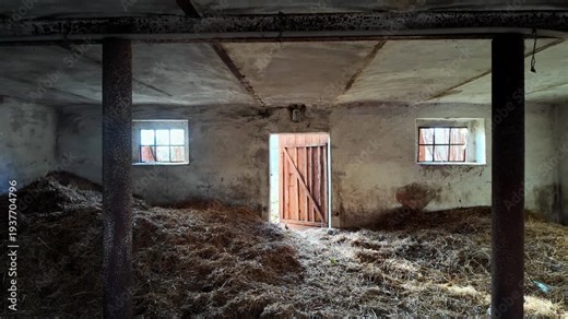 Interior of an old stone barn filled with dry hay, open wooden door and small windows in a rustic farm building, traditional agricultural storage, rural architecture and stable.