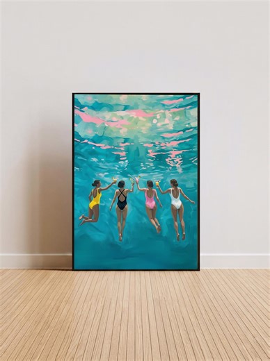 Retro Summer Pool Cocktail Art Print, Underwater Swimming Girls Poster (digital Download) - Etsy