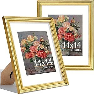 Vittanly 11x14 Picture Frames Set of 2, Ornate Vintage Photo Frame for Wall Mount, Display 8x10 Pictures with Mat or 11x14 without Mat, Rustic Gold