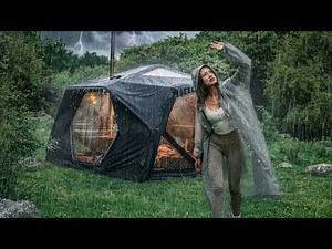 Camping In Heavy Rain Turned Into Hail | Cozy Tent, Wood Stove & Fluffy Cats