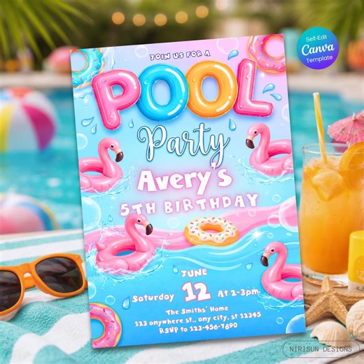 Girls Pool Party Birthday Invitation, Editable Canva Pool Party Birthday, Pool Party Invite, Girls Teenage Birthday, Summer Pool Party - Etsy