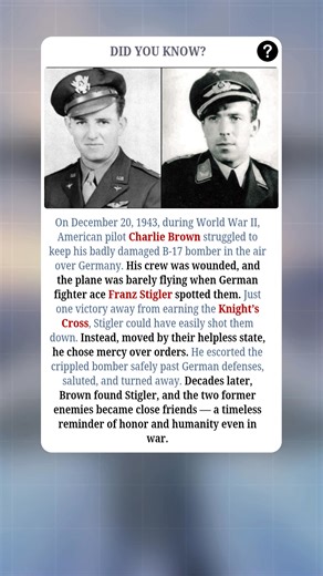 On December 20, 1943, during World War II, American pilot Charlie Brown struggled to keep his badly damaged B-17 bomber in the air over Germany. His crew was wounded, and the plane was barely flying when German fighter ace Franz Stigler spotted them. Just one victory away from earning the Knight’s Cross, Stigler could have easily shot them down. Instead, moved by their helpless state, he chose mercy over orders. He escorted the crippled bomber safely past German defenses, saluted, and turned awa