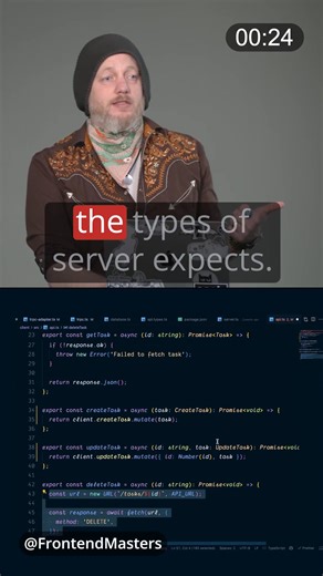 Enforced Type Safety with Server-Defined Types 🔄⚙️ Join Steve Kinney to master end-to-end type safety with TypeScript. Share types between client and server, use Zod schemas to avoid API surprises, build with tRPC, and simplify database migrations with Prisma. https://frontendmasters.com/courses/fullstack-typescript-v2/?utm_source=social&utm_medium=facebook&utm_campaign=trpc #Fullstack #Backend #WebDev #Programming #Coding #LearnToCode #TypeScript | Frontend Masters