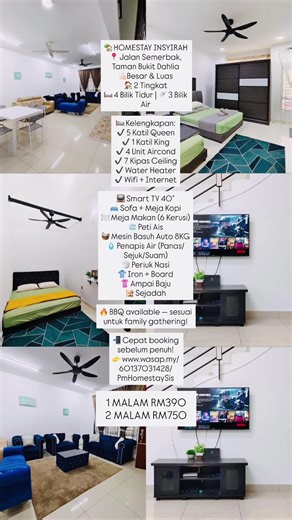 Hai semua. Ada yang mencari homestay area Taman Bukit Dahlia Pasir Gudang Johor? Sesuai untuk penginapan keluarga besar. Boleh request untuk penggunaan 4 bilik atau 5 bilik juga tau :) 10-15minit ke event hall Kota Masai Pasir Gudang Johor 👏🏻 Selebihnya boleh tgk details gambar di bawah ya. Berminat? Boleh ws saya ya. Before ws terus infom total brp orang dan tarikh cek in & out okay😊✌🏻 http://www.wasap.my/60137031428/SisPmHomestayDahlia #Homestayinsyirah #Homestaybukitdahlia #Homestaypasirg