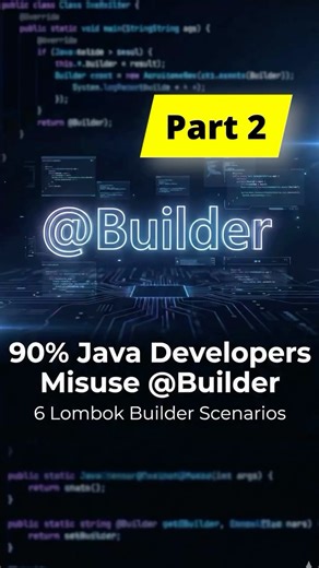 Tanmay Kumaar on Instagram: "Most Java developers use Lombok, but very few understand the real power of @Builder. This is Part 2 , Please check the profile for 1st Part. In this reel, I explain 6 real-world Lombok @Builder scenarios that every Java and Spring Boot developer should know — including immutability, object copying, defaults, collections, and advanced builder customization. If you are working with Java, Spring Boot, or backend systems, this will immediately improve your production cod