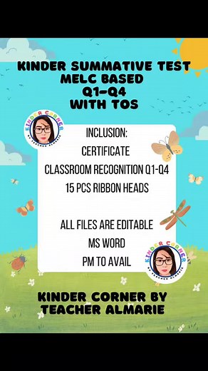 Kinder Test Q1-Q4 Editable po With free ribbon heads and certificates PM to avail | Kinder Corner by Teacher Almarie
