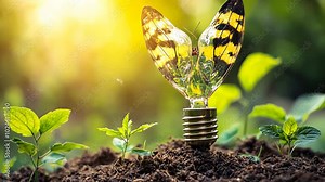A butterfly emerging from a light bulb symbolizes nature and innovation.