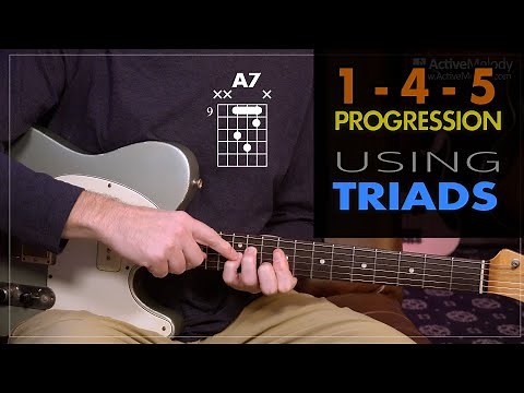 Use these easy triads to play a 1-4-5 chord progression in ANY key. CAGED Guitar Lesson EP446