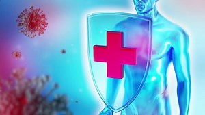 Immune system of human, protection against viruses and bacterias. Humans shield against the coronavirus. Immune defense fights with viruses. Covid-19 concept. 3D rendering.