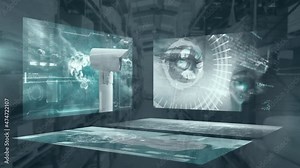 Animation of data on screens and security camera over warehouse