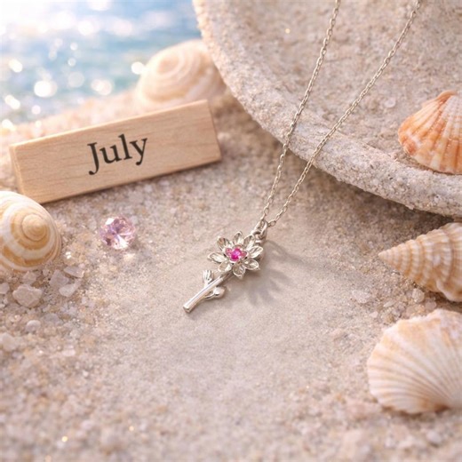 July Birthstone and Birthflower Combined Necklace, Larkspur Pendant, Ruby Flower Charm, July Birthday Gift - Etsy