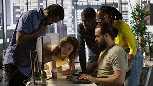 Programmers gathered together to conduct code review to fix errors, identifying technical issues with company software. Team of developers doing brainstorming, optimizing code, camera A