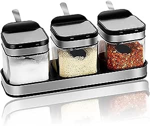 Condiment Jar Spice Container with 304 Stainless Steel Lids and Spoons,Clear Glass Condiment Canisters Pots Seasoning Box Salt Container Sugar Bowl Set of 3 for Kitchen, Counter, Food Storage