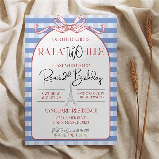 Rata-two-ille Birthday Invitation | French Chef 2nd Birthday Party Invite | Girly Paris Coquette Theme - Etsy