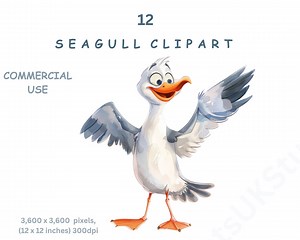 Seagull Clipart, 12 Watercolour Images of Cartoon Quirky Seagulls, Sea Birds, Digital PNG Transparent Background, Commercial Use. - Etsy