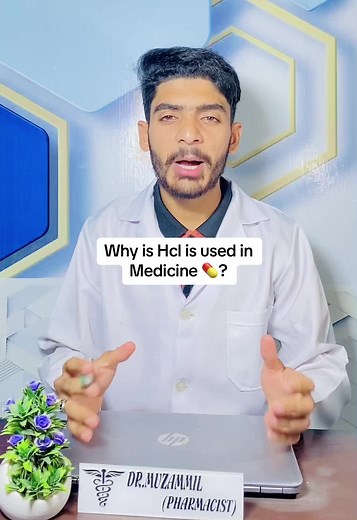 Why is Hcl used in medicines? #drmuzammil #muzammilpharmacist #hcl #hydrochloride #hydrochloricacid #medicine #salts Some drugs require a salt to be added to them to ensure that they can dissolve in the stomach or be absorbed into the bloodstream. Sometimes salts make medicine more stable so that it has a longer shelf life. More than 50% of all available medicines exist as salts. Hydrochloride is the most commonly used salt, and 15.5% of all drugs contain it. All types of oxycodone are the hydro