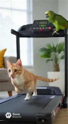 Parrot Pranks Cat on Treadmill 😂🐦🐱