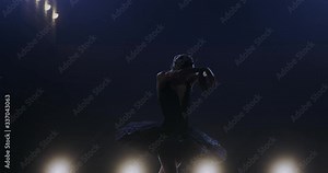Classical ballet choreography perfoming by young beautiful graceful ballerina in black tutu. Girl dancing professionally at theater stage in spotlight. Dark swan part in performance of female artist.