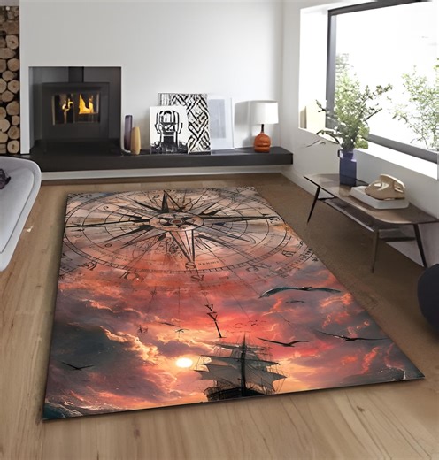 Nautical Compass Rug: Vintage Ship & Ocean Scene, Coastal Decor - Etsy Australia