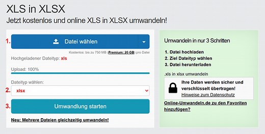 XLS in XLSX Dateien online Konvertieren