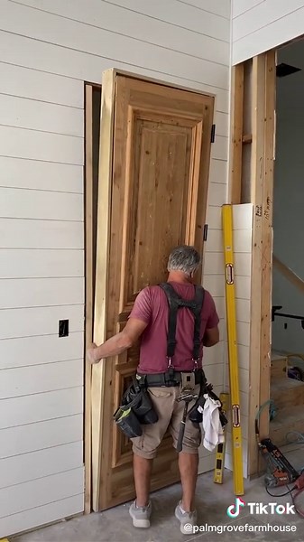 Installation of our antique door! Farmhouse build! #hometour #buildingtips #tiktokpartner #fyp #foryourpage #dreamhome #dreamhomes