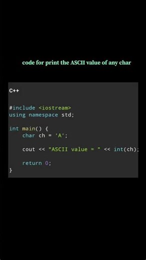 code for print the ASCII value of any char in c++#cpp #programming #basicprogramming