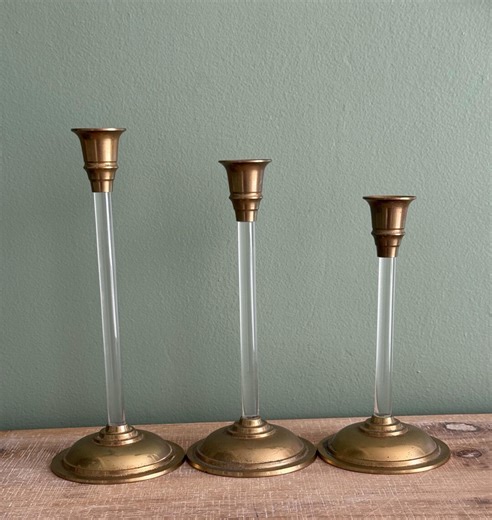 Vintage Brass and Lucite Candle Holders, Set of Three - Etsy