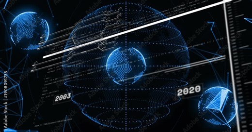 2008 dotted globe showing sparking timeline sweep, globe rotating with nodes aligning to show data
