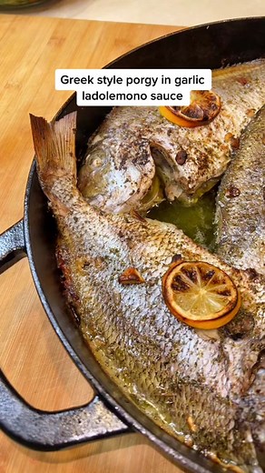 Authentic Greek Style Porgies in Garlic Ladolemono Sauce