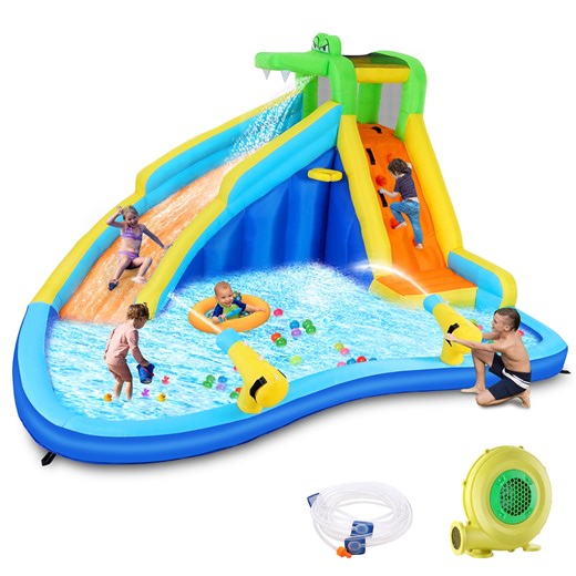 Qhomic Inflatable Water Slide with Spray Pool, 2 Water Guns, Climbing Wall, Basketball Hoop, and Inflatable Bounce House with UL Air Blower, (Gift for Kids), Polyester, Child, Teen, Toddler