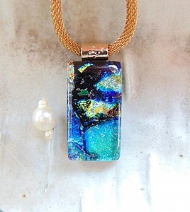 Dichroic Fused Glass Pendant: Green, Blue, Gold on Black. Necklace Included, A15 - Etsy