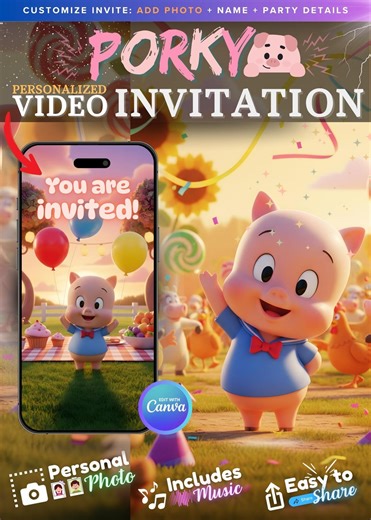 Porky Pig Birthday Video Invitation | Personalized Kids Party Invite (digital) | Custom Animated Cartoon Message | Fun for Kids - Etsy