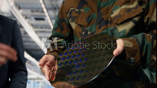 Close up of silicon wafer used by government to upgrade national security defense equipment. Engineer showing army officer semiconductor substrate optimizations to win chip war, camera A
