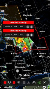 TORNADO WARNING! At 1:58 p.m. EDT, Environment Canada meteorologists are tracking a severe thunderstorm that is possibly producing a tornado. Damaging winds, large hail and locally intense rainfall are also possible. A severe thunderstorm capable of producing a tornado is located 6 kilometres west of Lake Couchiching, moving northeast at 70 km/h. Hazards: Tornado, 120 km/h wind gusts and nickel size hail. Locations impacted include: Gravenhurst, Bracebridge, Washago, Maple Valley, Morrison Lake,