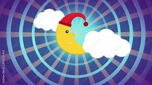 Cute cartoon character of Smiling Moon With Sleeping Hat Against The Clouds. animation of happy moon background with rotation sunburst seamless loop. background for children or babies full hd and 4k