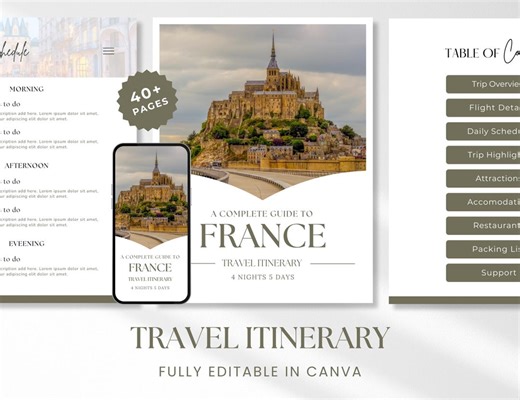Travel Itinerary Template: France Digital Travel Planner, Mobile Friendly (canva Editable) - Etsy