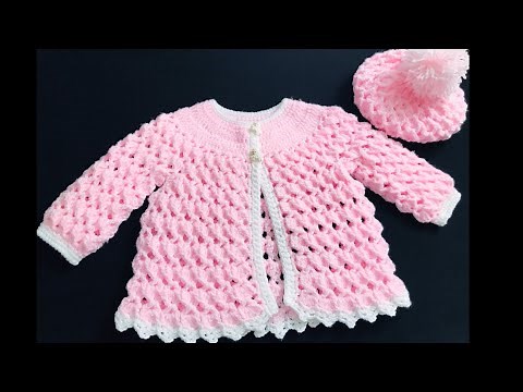 Crochet Baby Sweater Coat cardigan and Hat Set EASY NB to 6yrs, Crochet for Baby LEFT HAND VERSION