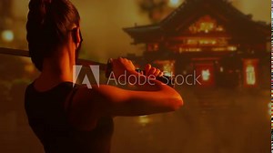 Beautiful ninja girl in a mask and with a katana. Samurai woman on the background of a traditional Japanese temple.
