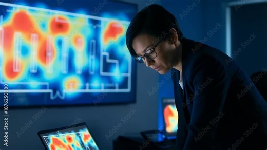 Predictive shopping behavior analysis using heat map data focused analyst at work on large screen for retail analytics