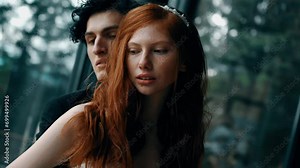 Fairy-tale wedding couple posing in a stylish house with panoramic windows and mountain views. Red-haired bride posing with the groom. Wedding concept