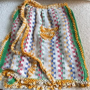 Vintage Multicolor Rainbow Crocheted Apron Tie Waist Apron